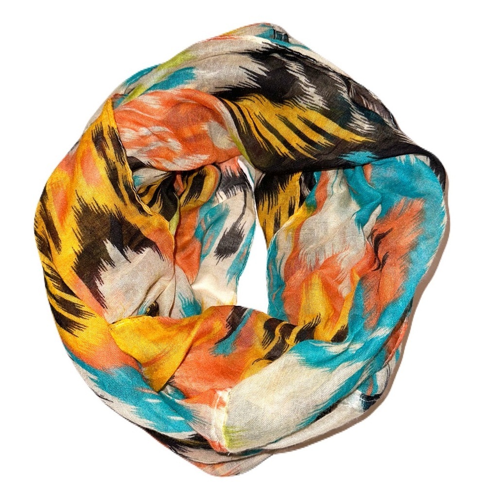 Brown, orange, teal, beige infinity scarf